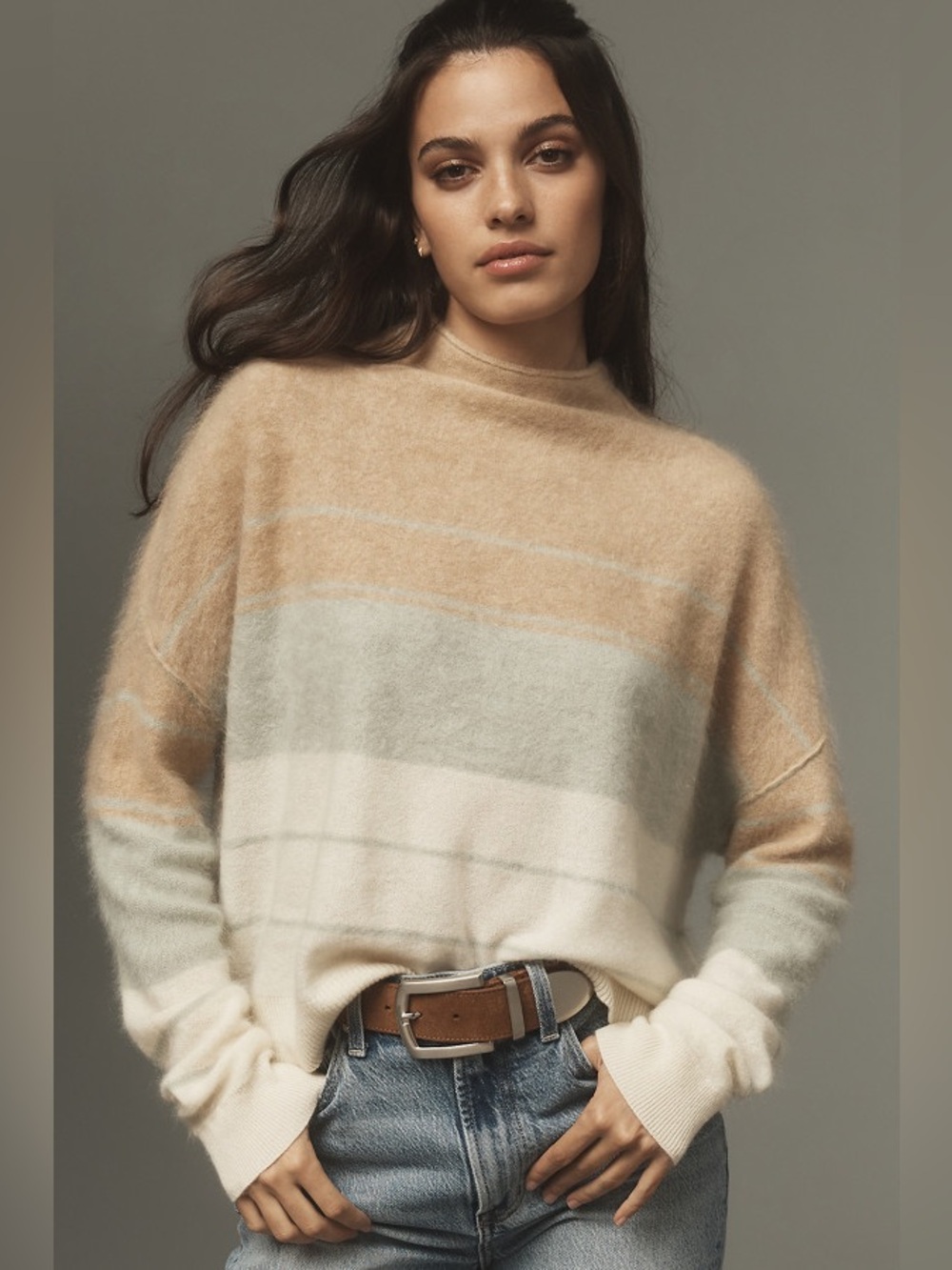 Anthropologie Pilcro 100% Cashmere Knit Striped Sweater in Camel, Pale Blue